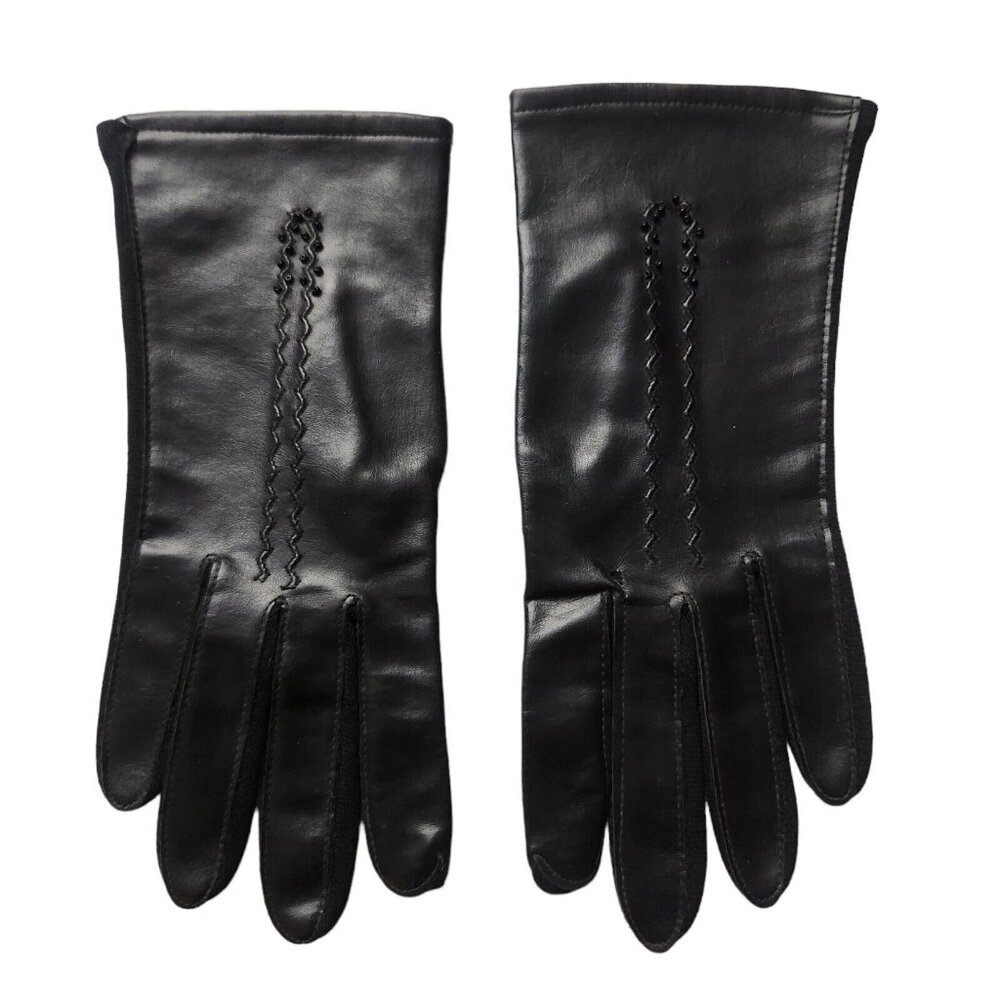 Vtg Made in Japan Black Beaded Vinyl Gloves Womens One Size Stretch  Size 6.6-7